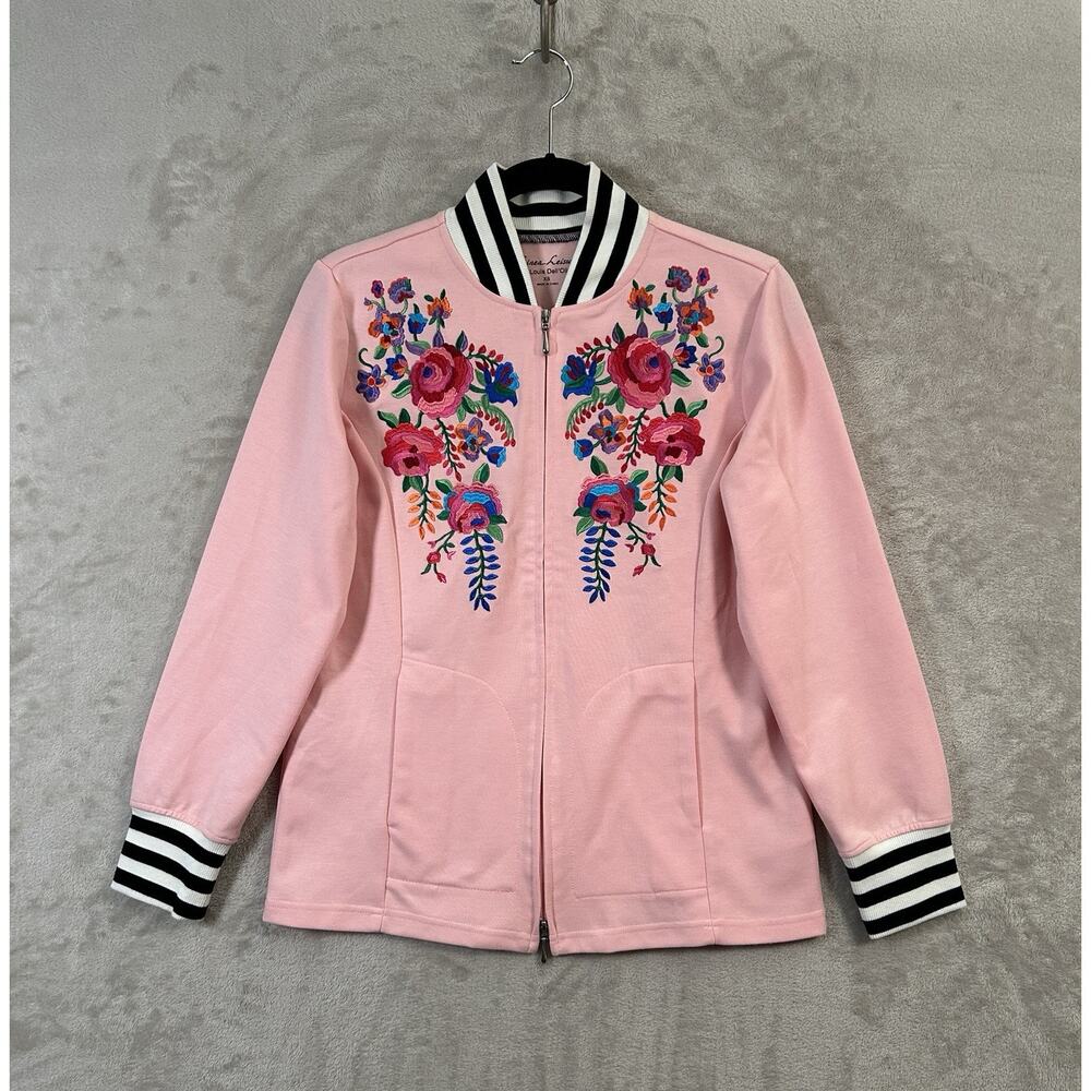 Linea Leisure By Louis Dell'Olio Pink Floral Embroidered Bomber Jacket Size XS